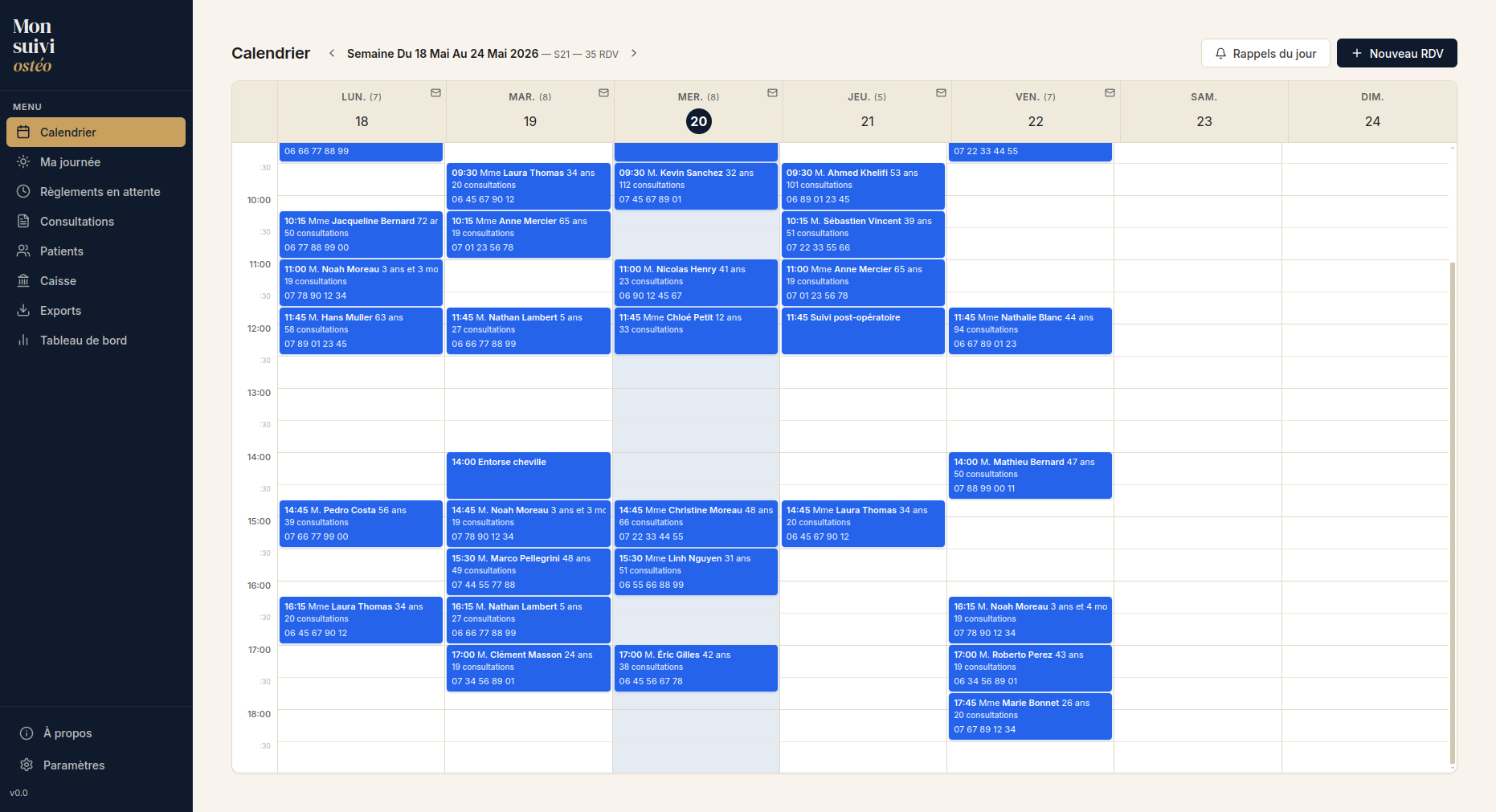 Vue agenda hebdomadaire du logiciel Mon suivi ostéo, rendez-vous patients par praticien